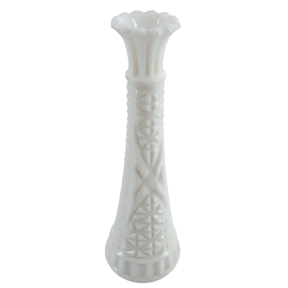 Anchor Hocking Vintage Milk Glass Bud Vase 9 Inch Starburst Bars Pattern MCM